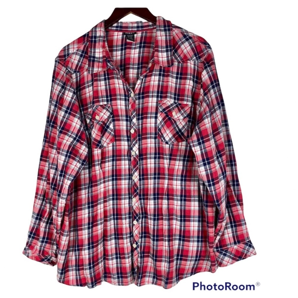 Torrid 4X 26 28 Button Down Plaid Camp Shirt Top Tunic Red White Blue Chic! - Picture 2 of 3